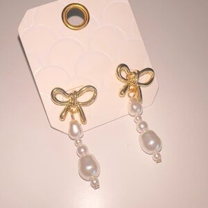 Gold Bow Pearl Drop Earrings